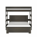 Dark walnut wood twin-over-full bunk bed with full-size lower platform, upper bunk guardrails and built-in ladder, modern paneled headboard — space-saving bedroom furniture for kids and guests