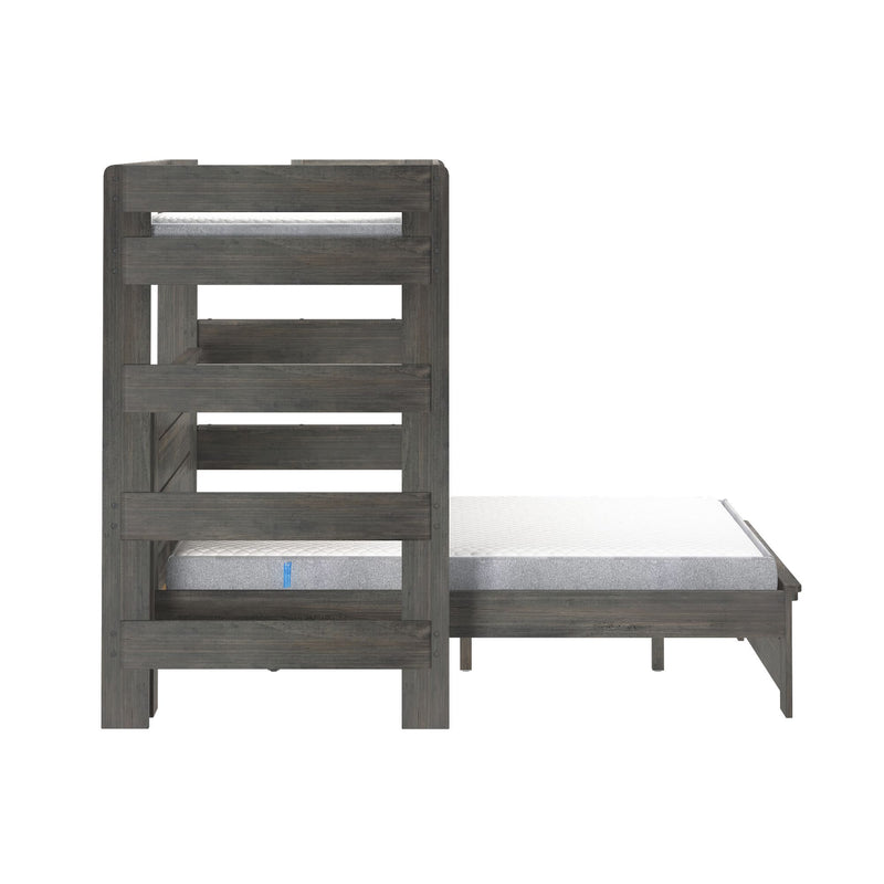 Wooden bunk bed with side ladder and two stacked mattresses, ideal for maximizing space in kid's bedrooms.