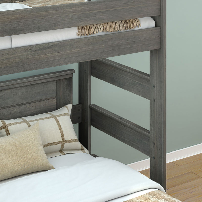 Gray wooden bunk bed with light bedding and pillows, modern bedroom furniture.