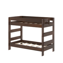 Dark walnut-finish wooden twin-over-twin bunk bed with integrated ladder, full-length guardrails and slatted bases — modern kids' bedroom furniture