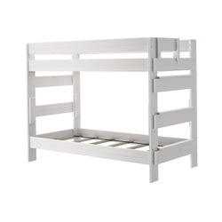 White wooden bunk bed frame with ladder and minimalist design, perfect for kids' bedrooms.