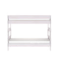 White solid wood twin-over-twin bunk bed with guardrails and built-in ladder, minimalist space-saving kids bedroom furniture, mattress-ready