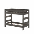 Gray solid wood twin-over-twin bunk bed frame with built-in ladder and guardrails, slatted mattress bases, space-saving kids bedroom solution