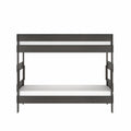 Dark gray wooden twin-over-twin bunk bed with integrated ladder and safety rails, minimalist space-saving bedroom furniture with white mattresses