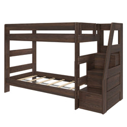Dark walnut wooden bunk bed with built-in staircase storage drawers, space-saving children's bedroom furniture with sturdy slat support