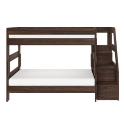 Dark walnut wooden two-tier bunk bed with built-in staircase storage and white mattresses — modern space-saving bedroom furniture