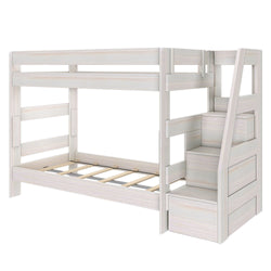 Whitewashed wooden twin-over-twin bunk bed with built-in storage staircase, slatted frames and safety rails for kids' bedroom furniture