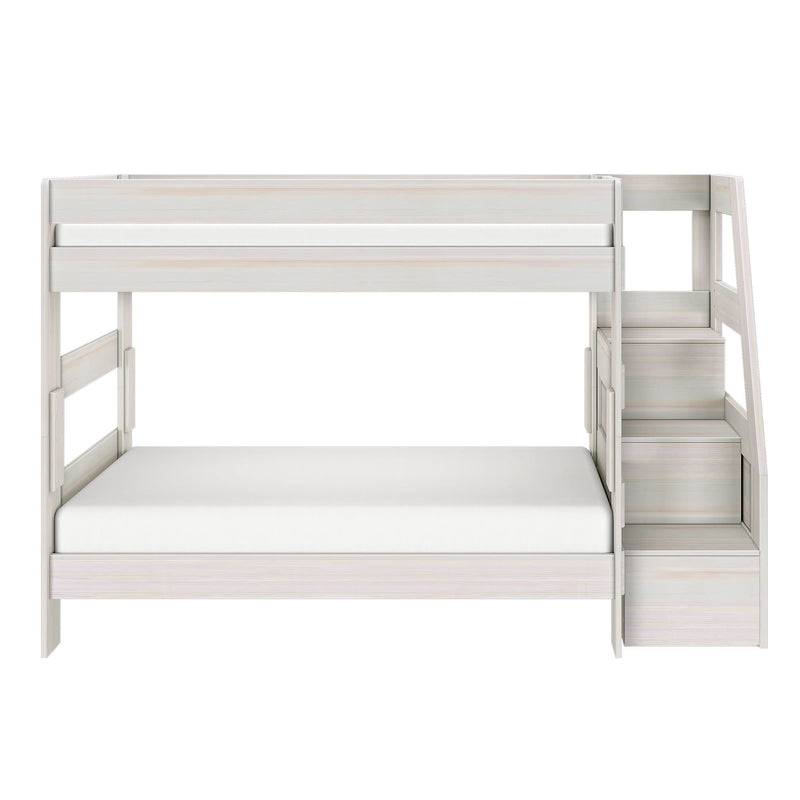 White wooden twin-over-full bunk bed with built-in storage staircase, modern space-saving kids bedroom furniture