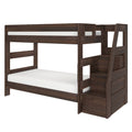 Dark walnut wooden bunk bed with built-in staircase storage, slatted guardrails and white mattresses