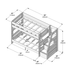 Assembly diagram of a wooden twin-over-full bunk bed with angled staircase and built-in storage drawers, labeled dimensions 96 in x 40 in x 63 in (245 x 100 x 160 cm) for length, depth and height — space-saving kids’ bedroom furniture.