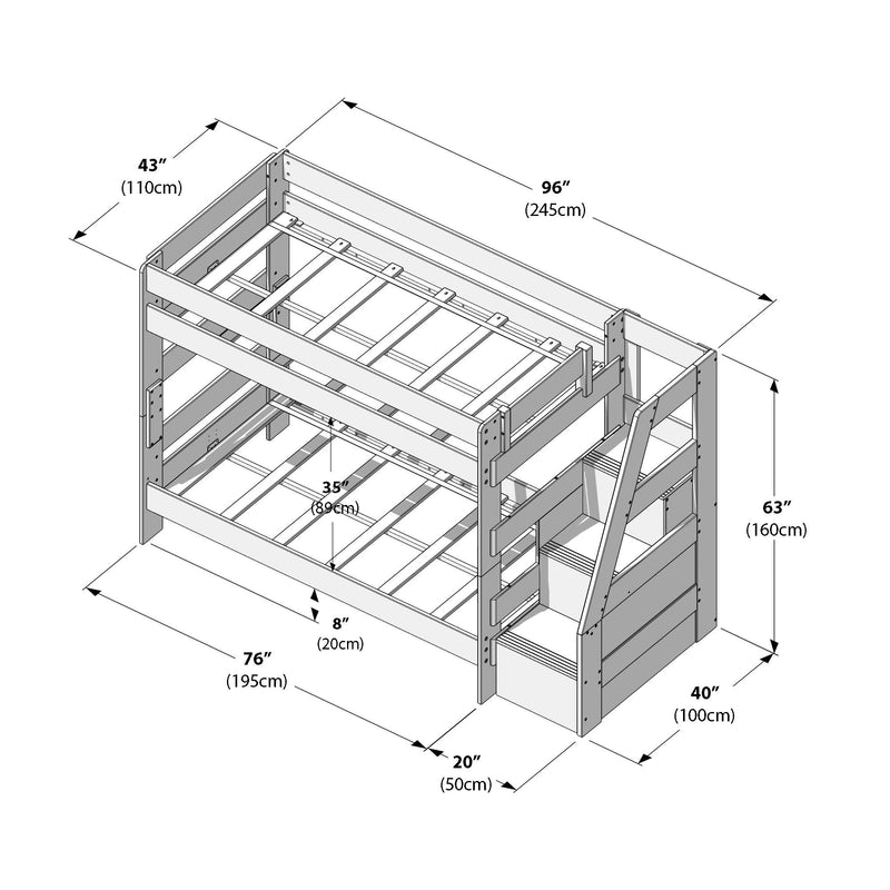 Assembly diagram of a wooden twin-over-full bunk bed with angled staircase and built-in storage drawers, labeled dimensions 96 in x 40 in x 63 in (245 x 100 x 160 cm) for length, depth and height — space-saving kids’ bedroom furniture.