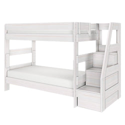 White wooden loft bunk bed with built-in staircase and storage drawers, space-saving kids bed