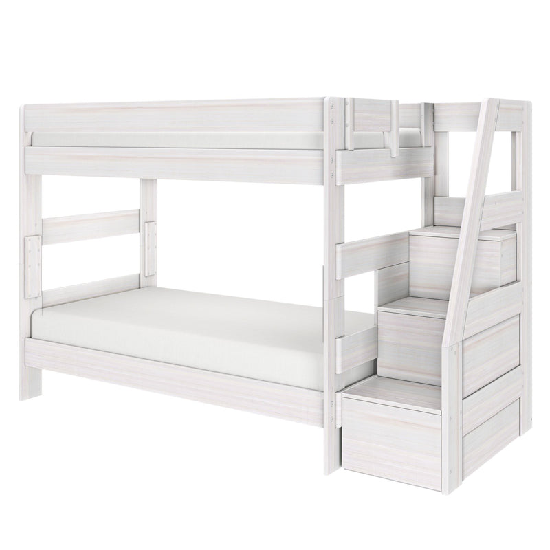 White wooden loft bunk bed with built-in staircase and storage drawers, space-saving kids bed