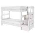 White wooden loft bunk bed with built-in staircase and storage drawers, space-saving kids bed