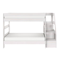 White wooden loft bunk bed with built-in staircase and storage drawers, twin-over-full platform bed for modern kids' bedroom