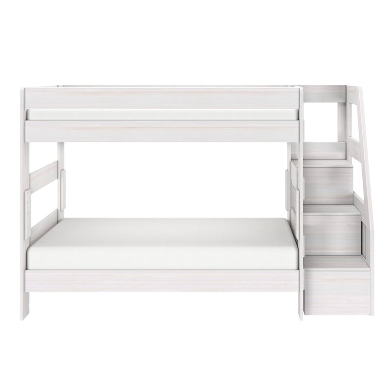 White wooden loft bunk bed with built-in staircase and storage drawers, twin-over-full platform bed for modern kids' bedroom