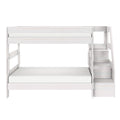 White wooden loft bunk bed with built-in staircase and storage drawers, twin-over-full platform bed for modern kids' bedroom