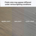 Wood finish color comparison showing three wood sample panels under warm light, daylight, and cool light to illustrate finish color variation under different lighting conditions