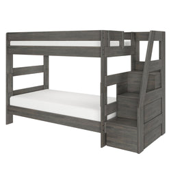 Gray wood twin-over-full bunk bed with built-in storage staircase, farmhouse-style finish and white mattresses