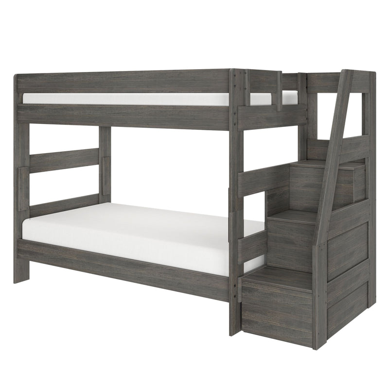 Gray wood twin-over-full bunk bed with built-in storage staircase, farmhouse-style finish and white mattresses