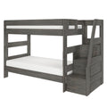 Gray wood twin-over-full bunk bed with built-in storage staircase, farmhouse-style finish and white mattresses
