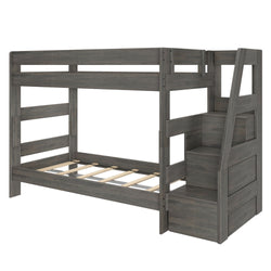Gray wooden twin-over-full bunk bed with built-in staircase storage drawers and slatted mattress support, space-saving kids' bedroom frame