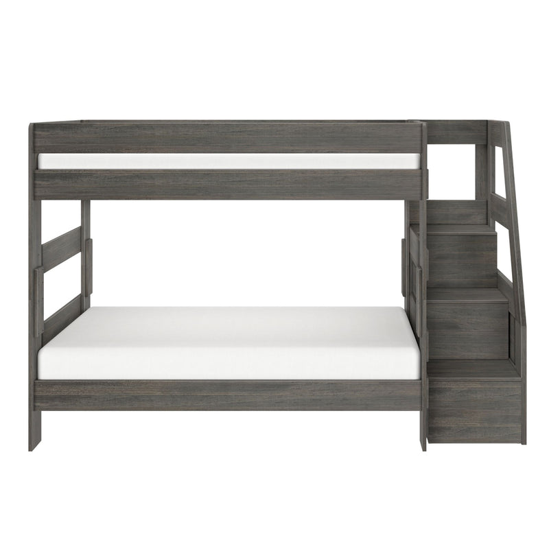 Gray wood twin-over-full bunk bed with built-in staircase storage and safety guardrails, modern kids loft bed