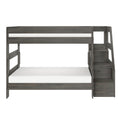 Gray wood twin-over-full bunk bed with built-in staircase storage and safety guardrails, modern kids loft bed