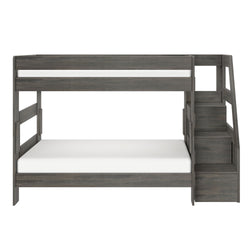 Gray wood twin-over-full bunk bed with staircase and built-in storage drawers, white mattresses, modern space-saving kids bedroom furniture