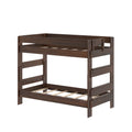 Twin-over-twin wooden bunk bed frame with slatted bases and integrated ladder in dark brown finish — space-saving kids bedroom furniture
