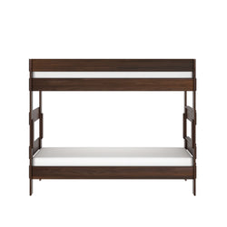 Dark walnut twin-over-twin solid wood bunk bed with platform mattresses, modern space-saving design