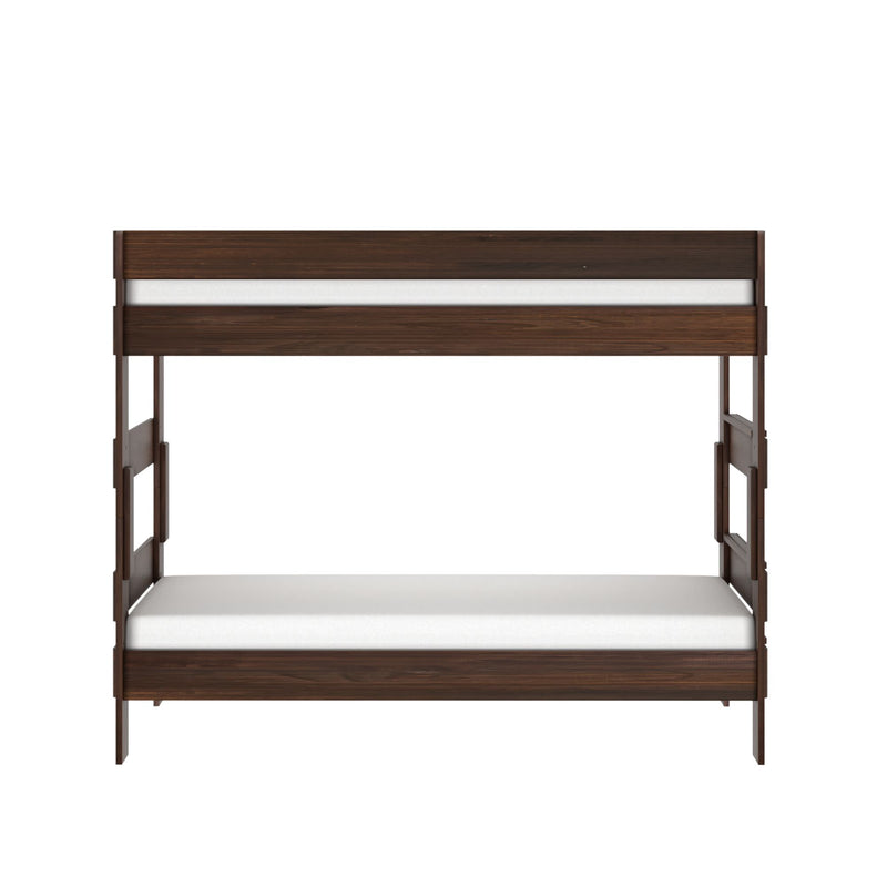 Dark walnut twin-over-twin solid wood bunk bed with platform mattresses, modern space-saving design
