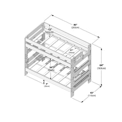Assembly diagram of a twin-over-twin wooden bunk bed frame with slatted mattress supports and top guardrail, labeled overall dimensions 80 in × 43 in × 64 in (203 × 110 × 163 cm) and detailed measurement annotations, ideal for bunk bed dimensions and assembly reference.