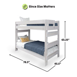 Wooden bunk bed dimensions 78.5 x 43.5 x 63.25 inches, twin beds with pillows and bedding.