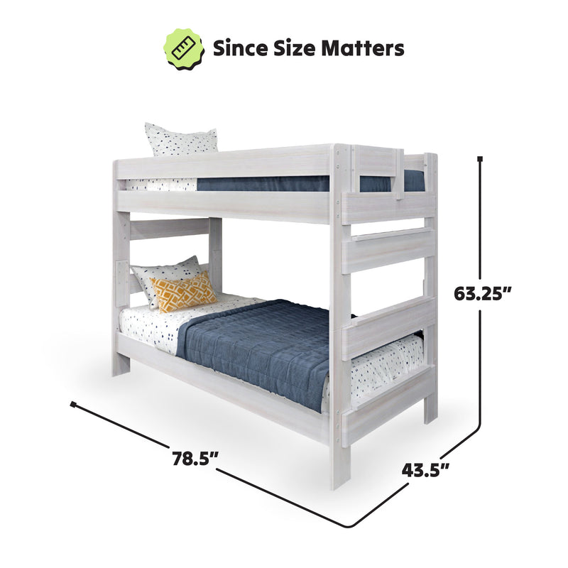 Wooden bunk bed dimensions 78.5 x 43.5 x 63.25 inches, twin beds with pillows and bedding.