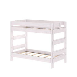 White wooden twin-over-twin bunk bed with guardrails and built-in ladder, slatted platform frame — space-saving kids' bedroom furniture