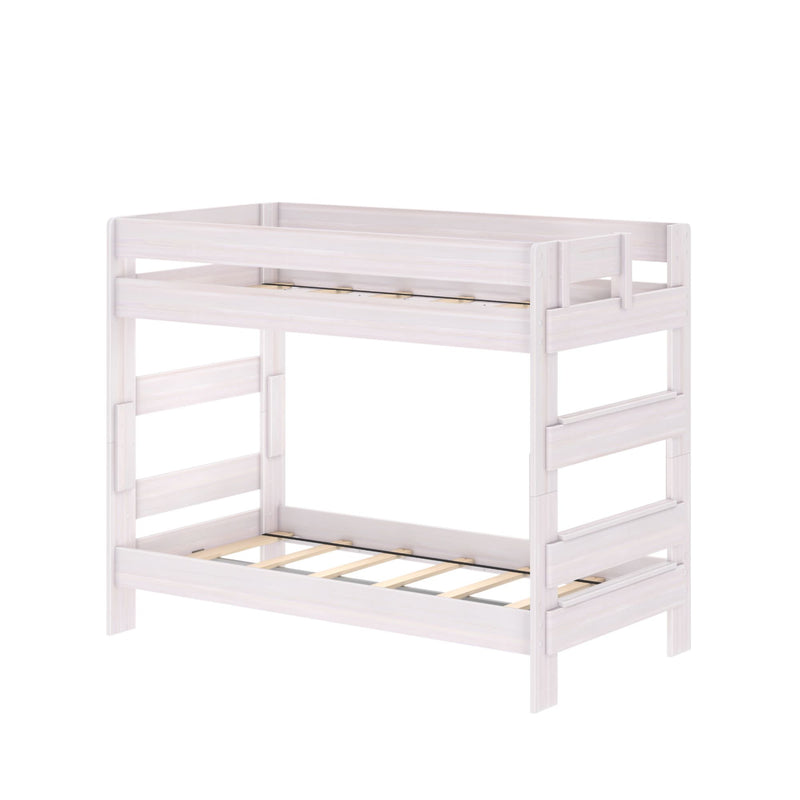 White wooden twin-over-twin bunk bed with guardrails and built-in ladder, slatted platform frame — space-saving kids' bedroom furniture