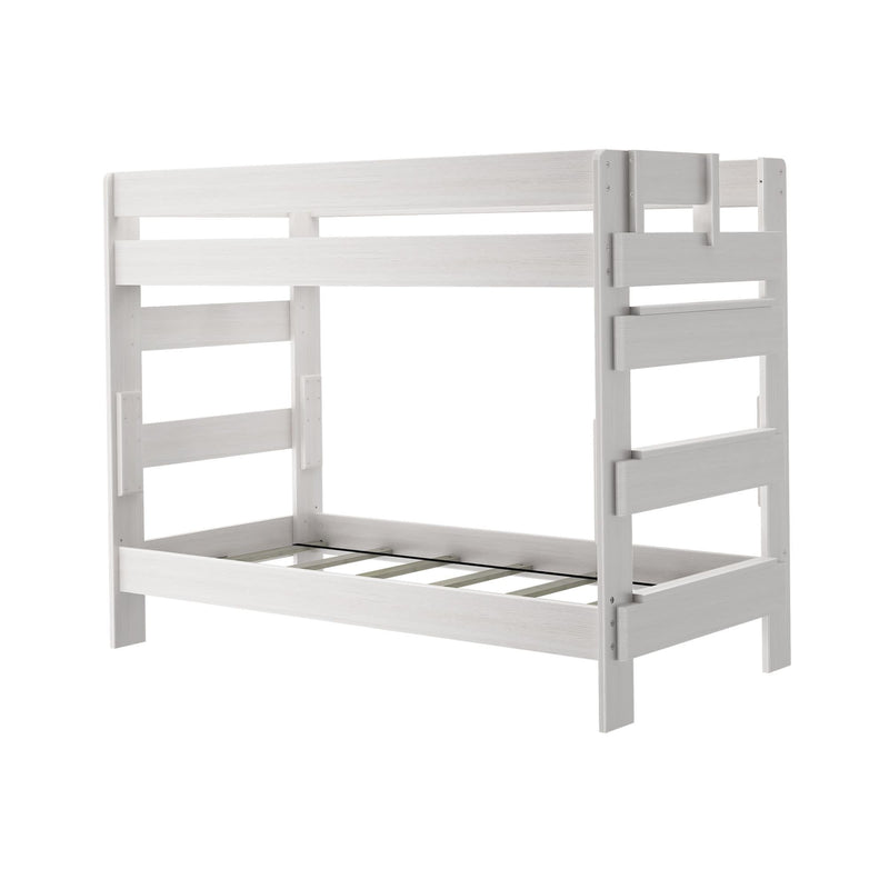 White wooden bunk bed frame for children's bedroom.