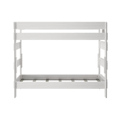 White wooden bunk bed frame with ladder and guardrails for kids.