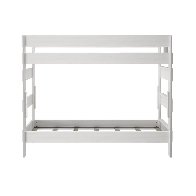 White wooden bunk bed frame with ladder and guardrails for kids.