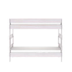 White wooden twin-size bunk bed with guardrails and built-in ladder on white background, modern space-saving kids bedroom furniture