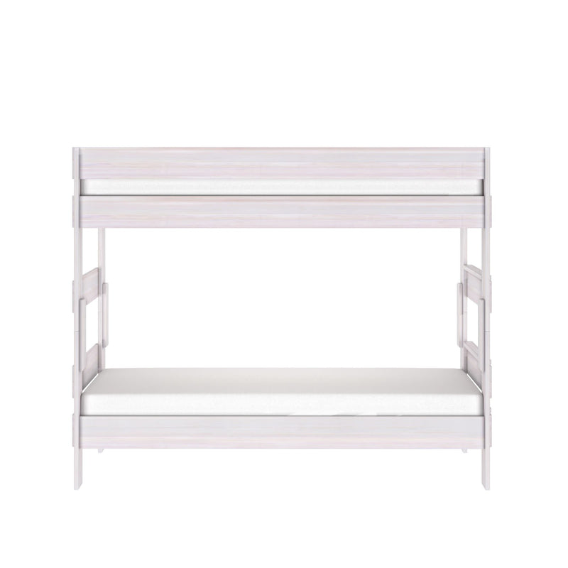 White wooden twin-size bunk bed with guardrails and built-in ladder on white background, modern space-saving kids bedroom furniture