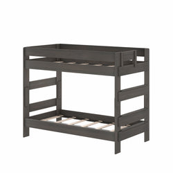 Gray wooden twin-over-twin bunk bed with built-in ladder, guardrails and slatted mattress bases — sturdy, space-saving kids' bedroom furniture