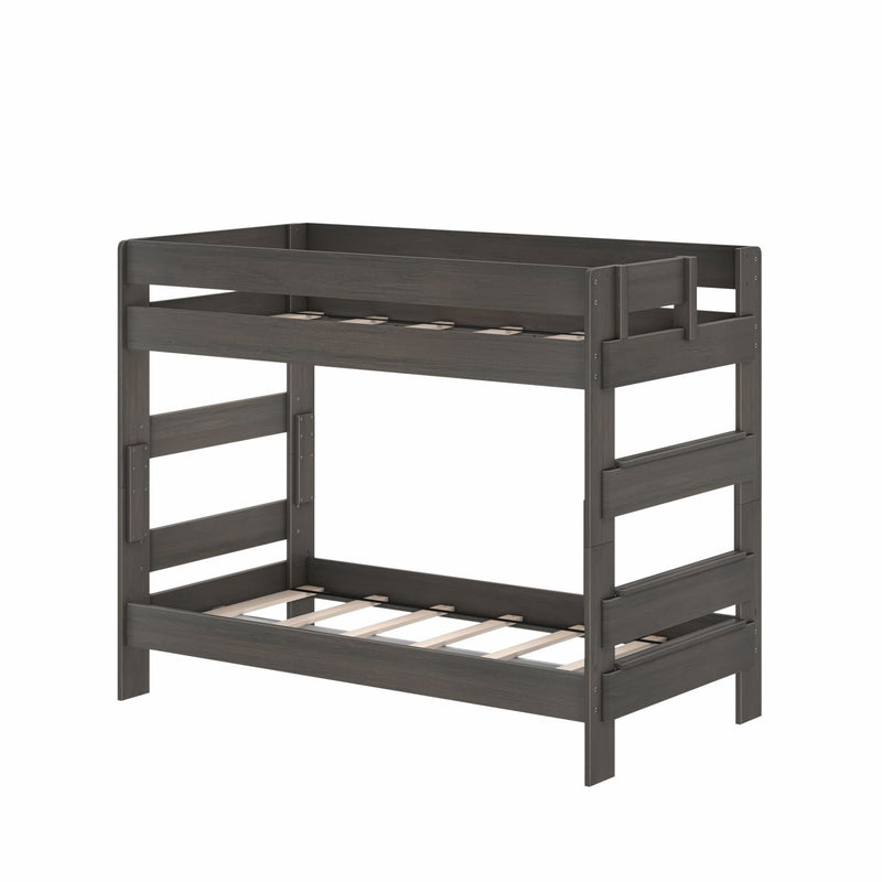Gray wooden twin-over-twin bunk bed with built-in ladder, guardrails and slatted mattress bases — sturdy, space-saving kids' bedroom furniture