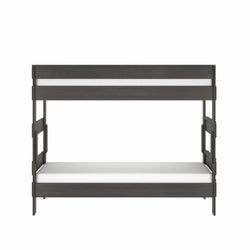 Modern dark gray wood-effect twin-over-twin bunk bed frame with white mattresses, guardrails and side ladder, space-saving kids bedroom furniture