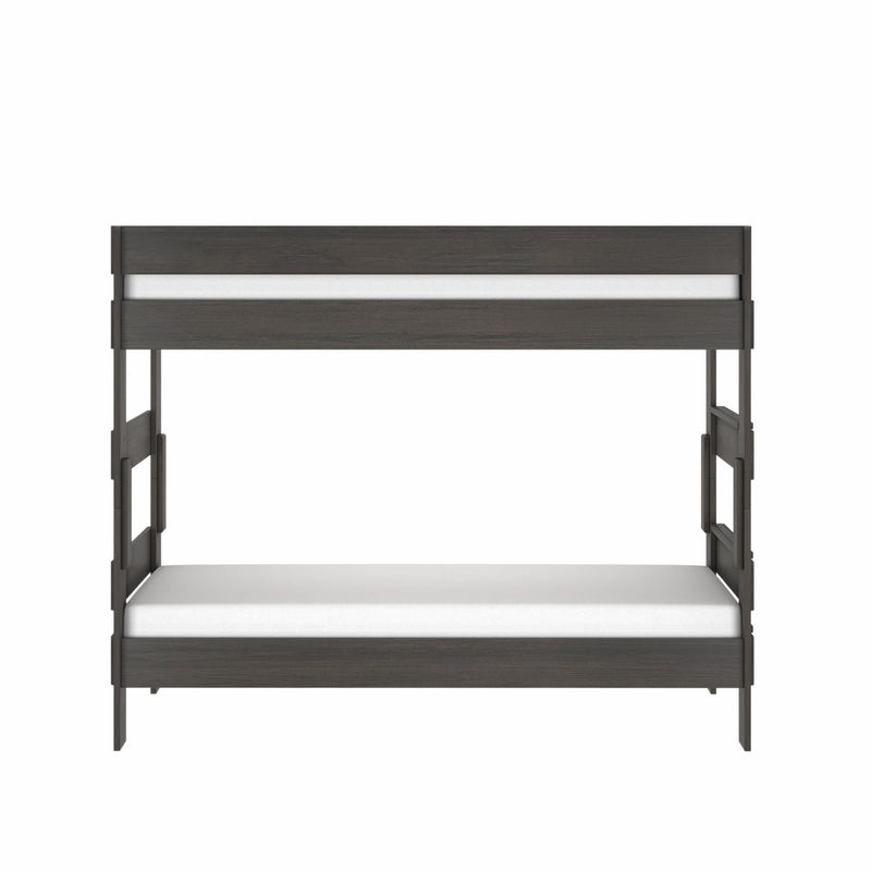 Modern dark gray wood-effect twin-over-twin bunk bed frame with white mattresses, guardrails and side ladder, space-saving kids bedroom furniture