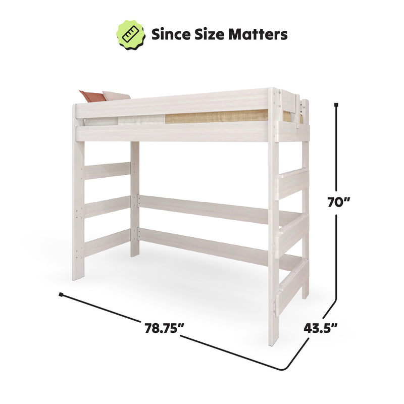 White wooden loft bed with measurements 78.75 inches long, 43.5 inches wide, and 70 inches high, ideal for space-saving bedroom furniture.