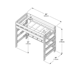 Loft bed dimensions diagram with ladder and safety rails showing 80 in (203 cm) length, 43 in (110 cm) depth, 70 in (178 cm) height, and 55 in (140 cm) under-bed clearance for storage or desk use