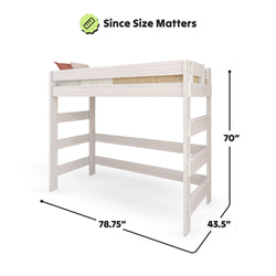 Loft bed dimensions: 70 inches tall, 78.75 inches long, 43.5 inches wide.