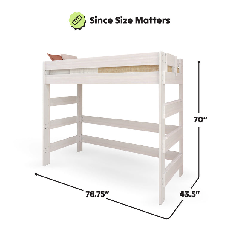 Loft bed dimensions: 70 inches tall, 78.75 inches long, 43.5 inches wide.